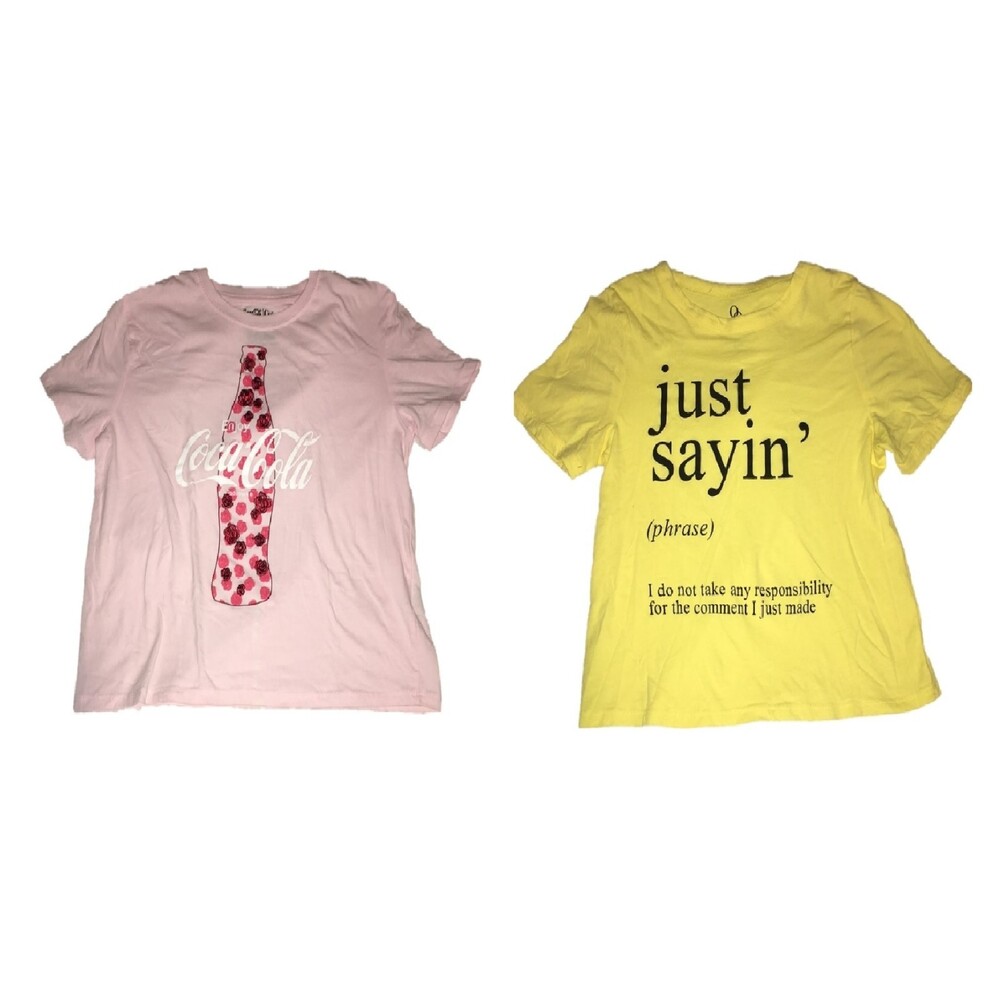 Lot of 2: t-shirts Womens Medium pink floral Coke/ yellow Just Sayin Organic Gen